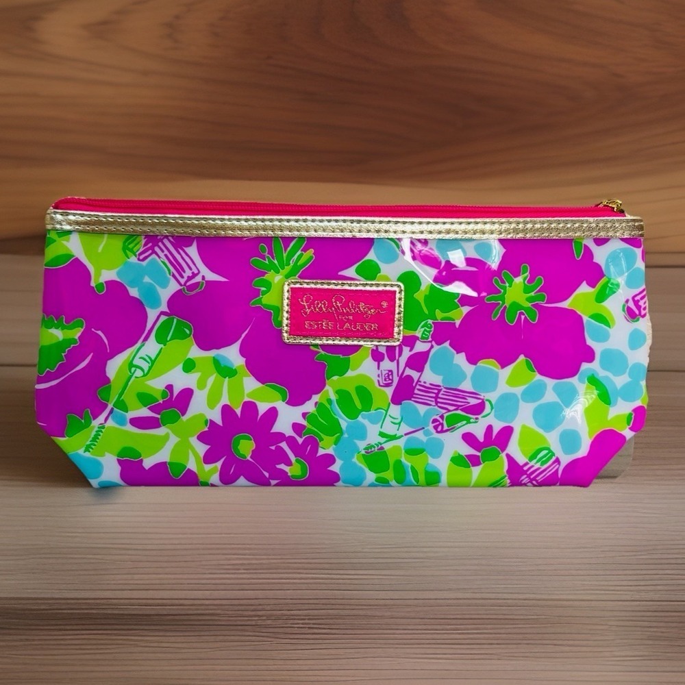 Lilly Pulitzer Green Pink Blue Vinyl Zip Top Cosmetic Case Bag Storage Pretty